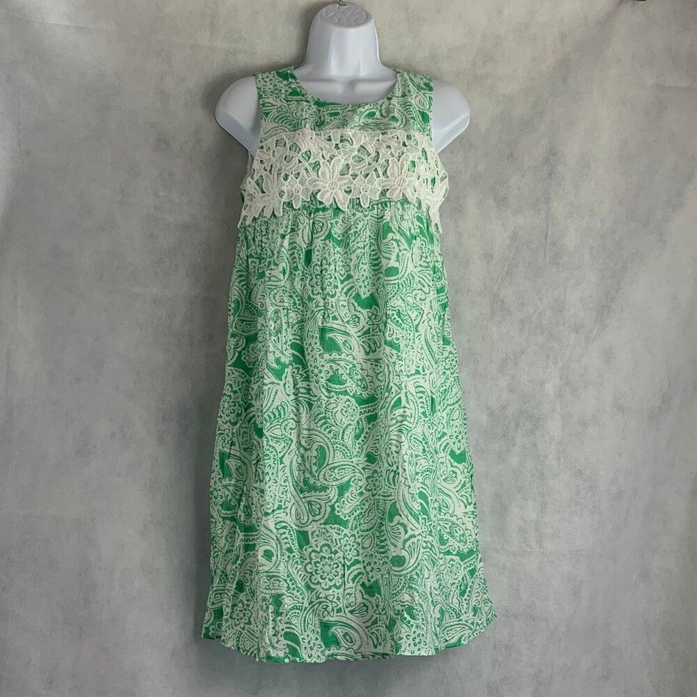 NY Collection Women's Petite Printed Crochet-Trim Shift Dress, Green Ink, PS